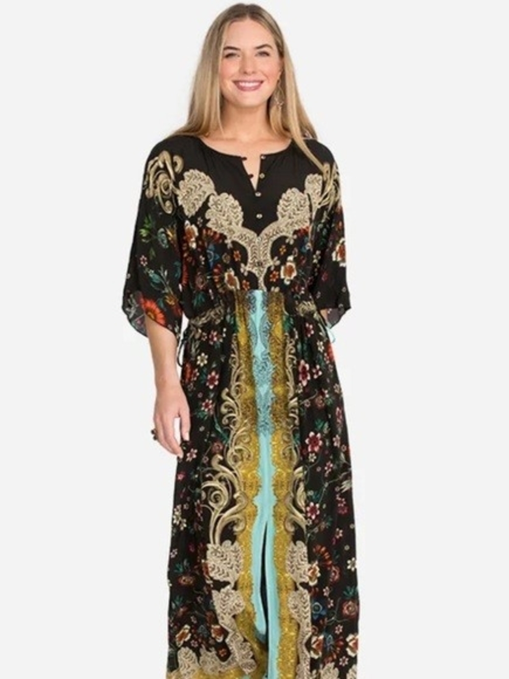 Johnny Was 3XLBoho Black Floral Printed Maxi Dress with Gold & Turquoise Accents